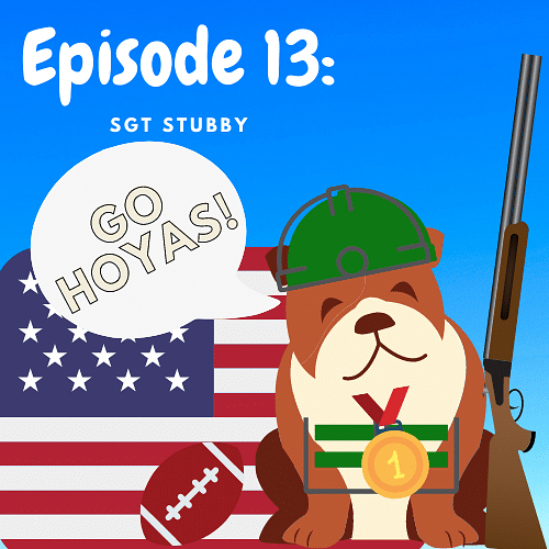 Cartoon image with a brown and white bulldog, with a military helmet and stripes. He has a medal around his neck. Next to him is a long musket, a football, and he's saying, "Go Hoyas". All this is over the background of the American Flag.