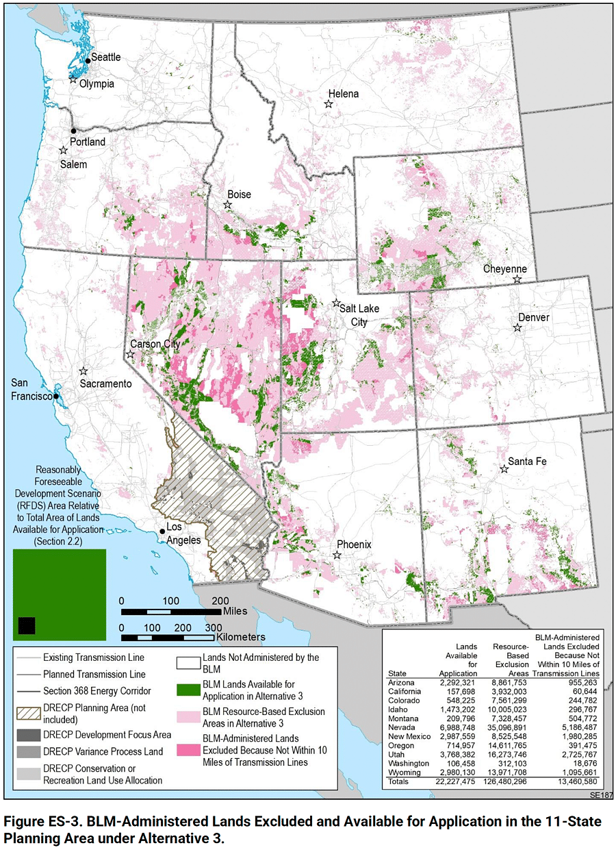 map of solar reas nd exclusion zones on BLM lnds in the west as prtroposed in the Draft Solar PEIS Alterntive 3