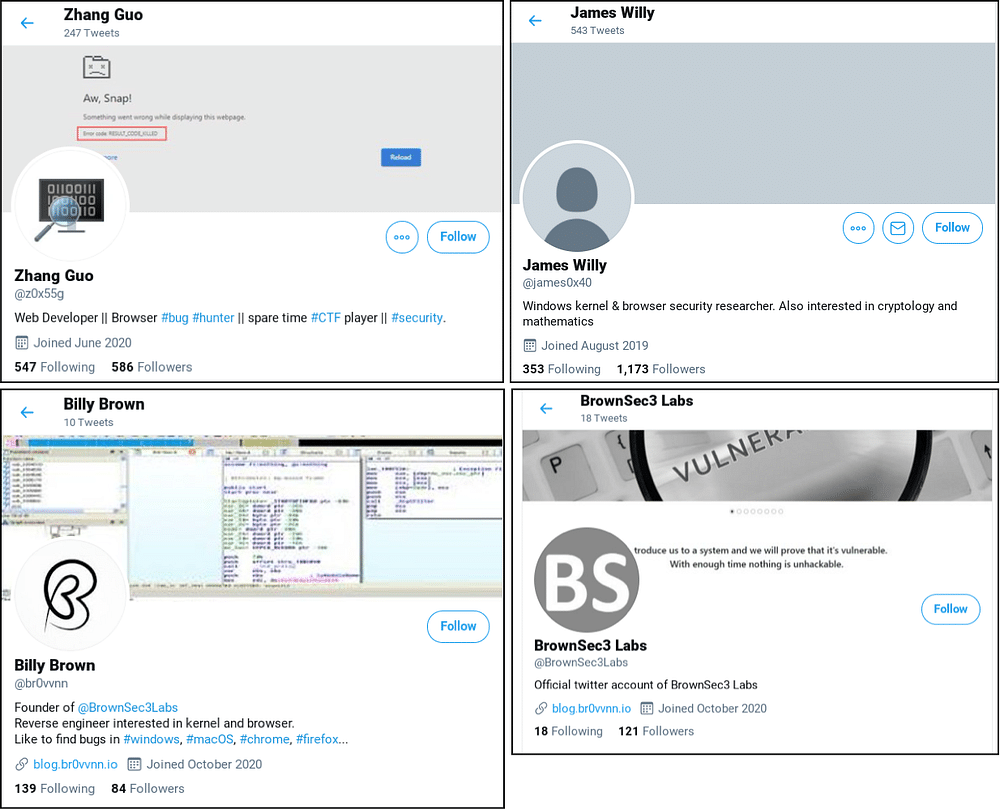 A screenshot of 4 actor controlled Twitter profiles: @z0x55g, @james0x40, @br0vvnn and @BrownSec3Labs