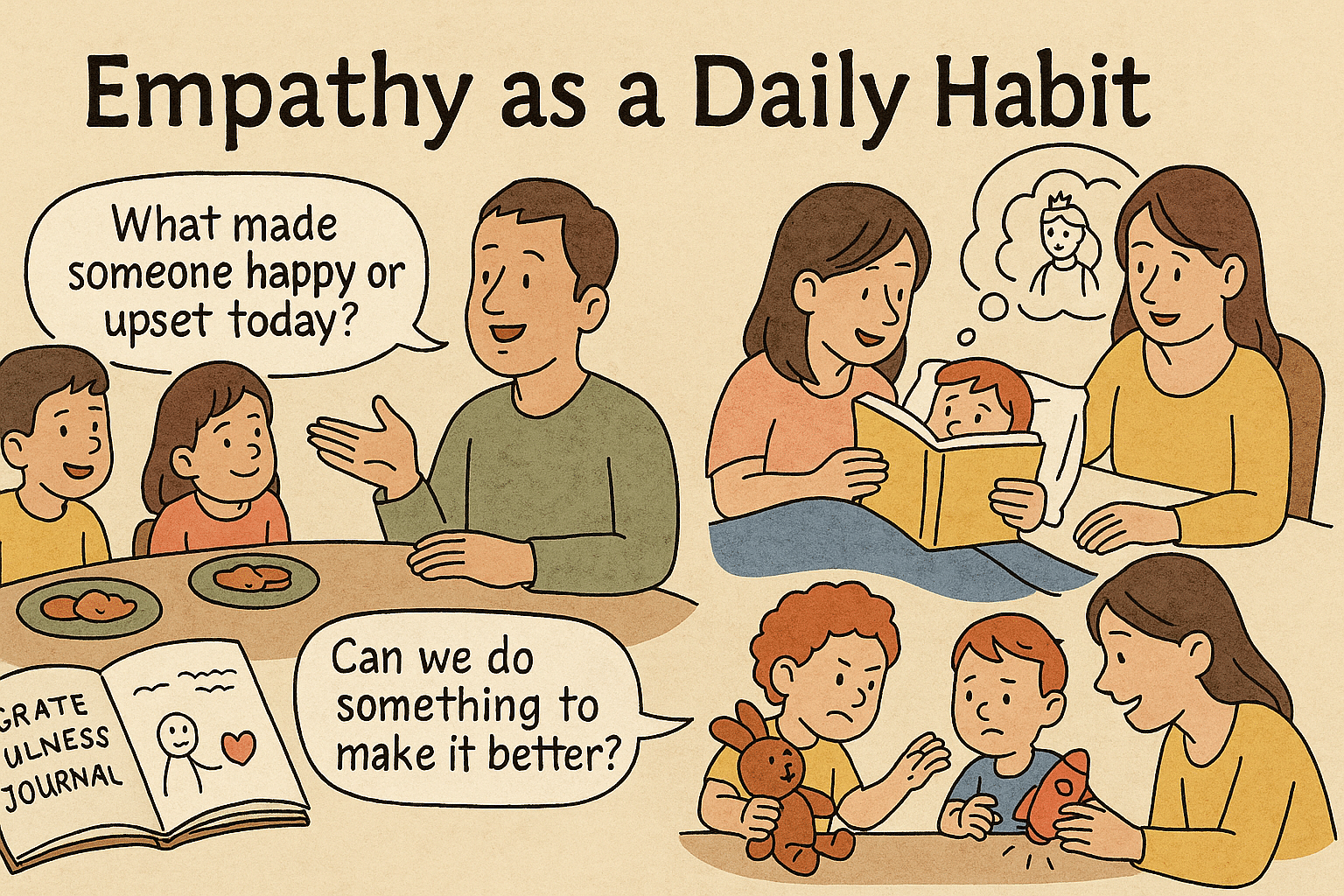 Illustration of family scenes showing empathy-building habits: a dinner conversation, bedtime storytelling, kids resolving conflict, and a gratitude journal, under the title “Empathy as a Daily Habit.”