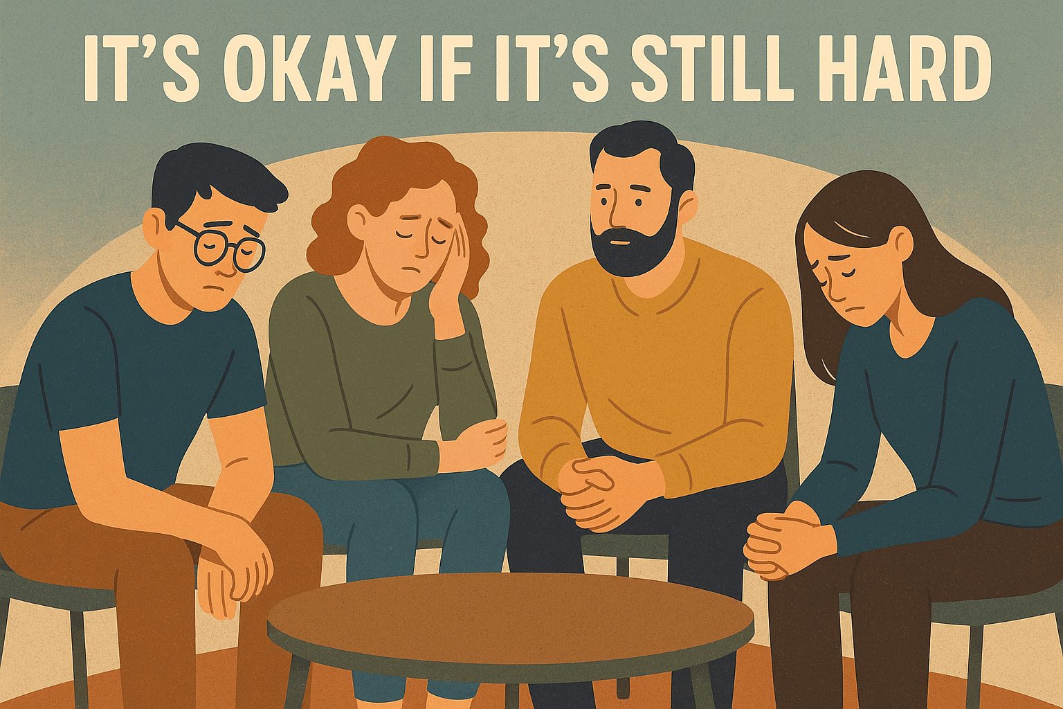 Illustration of four people sitting in a support group, showing emotional struggle and connection with the caption “It’s Okay If It’s Still Hard.”