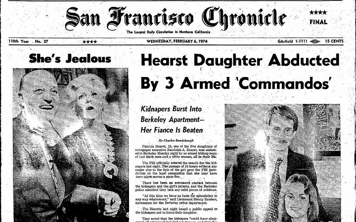 News coverage of Patty Hearst's kidnapping, capturing the nation’s attention.
