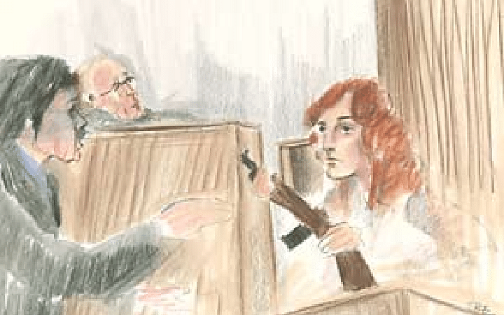 Patty Hearst during her trial, with defense attorneys arguing her brainwashing defense