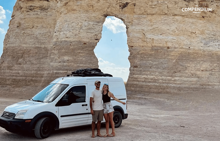 An image of a white Ford Transit Connect van parked in front of majestic mountains. Alt text: “Gabby Petito’s white camper van in a scenic national park, representing her van life dream.