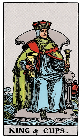 King of Cups tarot card from the Rider–Waite deck, featuring a wise king seated amidst turbulent waters, calmly holding a golden cup