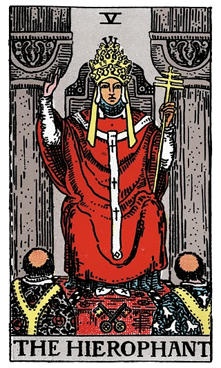 The Hierophant tarot card from the Rider–Waite deck, showing a religious figure with two followers kneeling before him