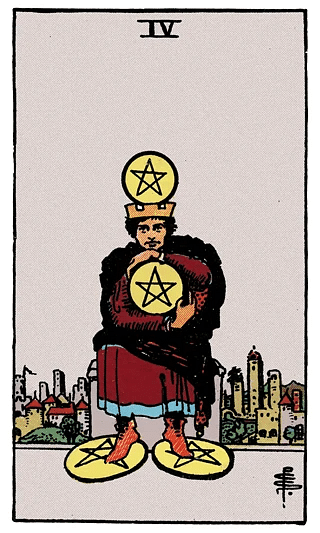 4 of Pentacles tarot card from the Rider–Waite deck, depicting a figure tightly clutching a pentacle while two rest beneath their feet