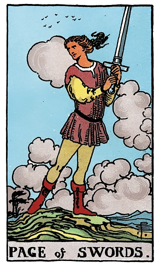 Page of Swords tarot card from the Rider–Waite deck, showing a youthful figure brandishing a sword in a breezy landscape