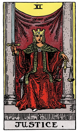 Justice tarot card from the Rider–Waite deck, depicting a seated figure holding a sword and balanced scales