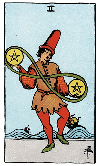 2 of Pentacles tarot card from the Rider–Waite deck, featuring a figure juggling two pentacles connected by an infinity symbol