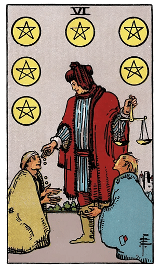 6 of Pentacles tarot card from the Rider–Waite deck, showing a wealthy figure handing out coins to two beggars, holding balanced scales