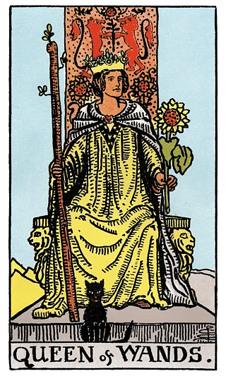 Queen of Wands tarot card from the Rider–Waite deck, featuring a queen seated on a throne with sunflowers and a black cat at her feet
