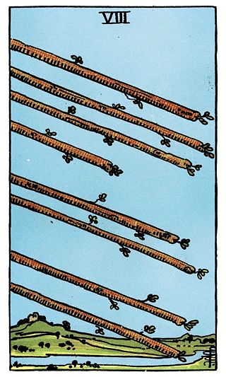 8 of Wands tarot card from the Rider–Waite deck, showing eight wands rushing through the air, symbolizing swift movement or progress