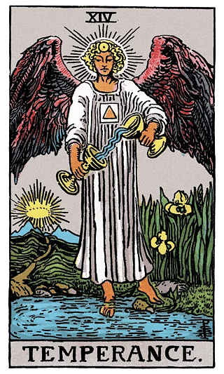 Temperance tarot card from the Rider–Waite deck, depicting an angel blending liquid between two cups