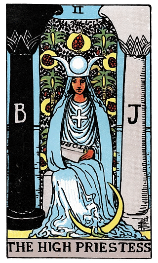 The High Priestess tarot card from the Rider–Waite deck, depicting a robed figure seated between two pillars labelled B and J