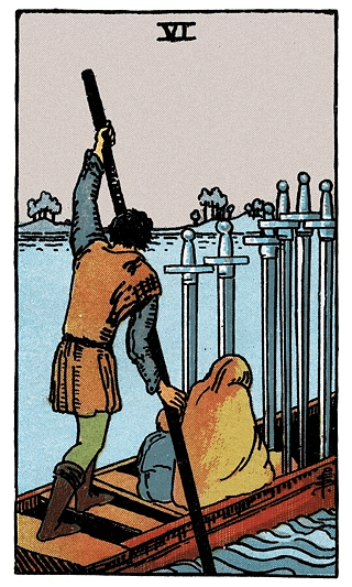 6 of Swords tarot card from the Rider–Waite deck, featuring a boat carrying a cloaked figure and a child from turbulent waters to calmer shores