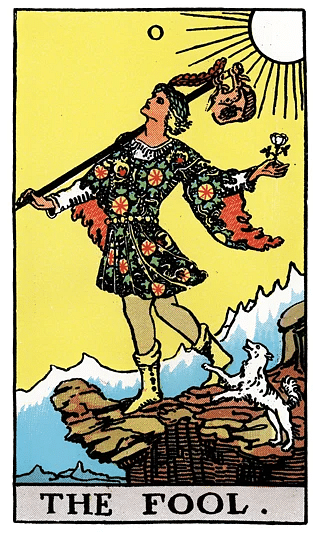 The Fool tarot card from the Rider–Waite deck, showing a carefree figure stepping toward a cliff with a small dog