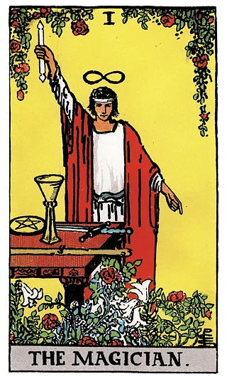 The Magician tarot card from the Rider–Waite deck, featuring a robed figure raising a wand amid symbols of the four suits
