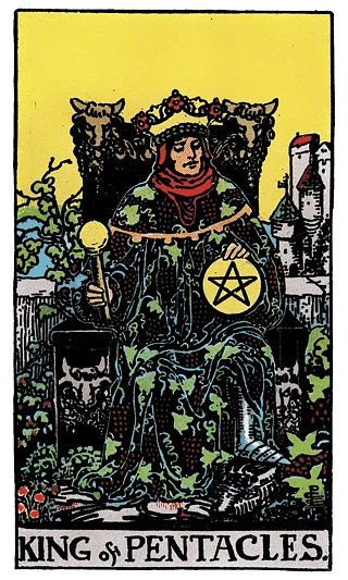 King of Pentacles tarot card from the Rider–Waite deck, depicting a prosperous king in ornate robes, holding a sceptre and pentacle