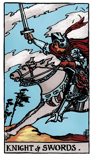 Knight of Swords tarot card from the Rider–Waite deck, featuring an armored knight charging forward on a galloping horse, sword raised