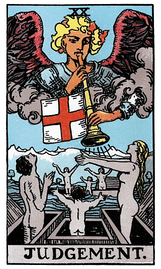 Judgement tarot card from the Rider–Waite deck, featuring an angel sounding a trumpet as figures rise from coffins