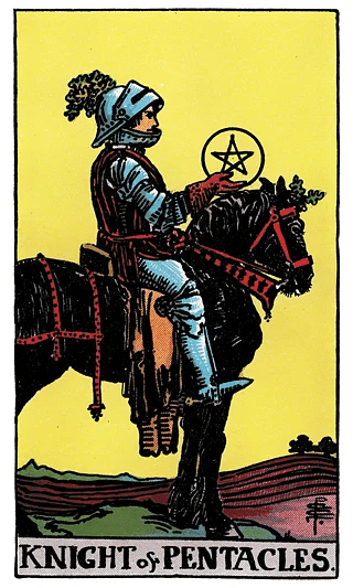 Knight of Pentacles tarot card from the Rider–Waite deck, depicting an armored knight on a stationary horse, holding a pentacle