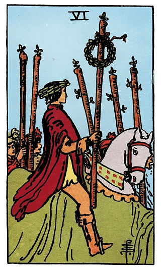 6 of Wands tarot card from the Rider–Waite deck, depicting a triumphant rider holding a laurel-crowned wand as a crowd follows