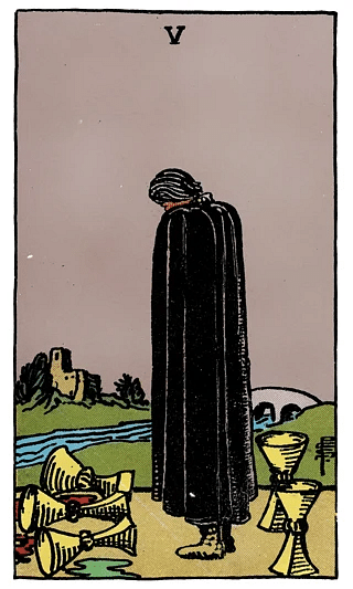5 of Cups tarot card from the Rider–Waite deck, featuring a cloaked figure mourning three spilled cups while two remain upright behind