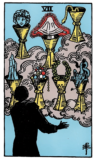 7 of Cups tarot card from the Rider–Waite deck, depicting seven cups emerging from a cloud, each containing different symbolic visions or illusions