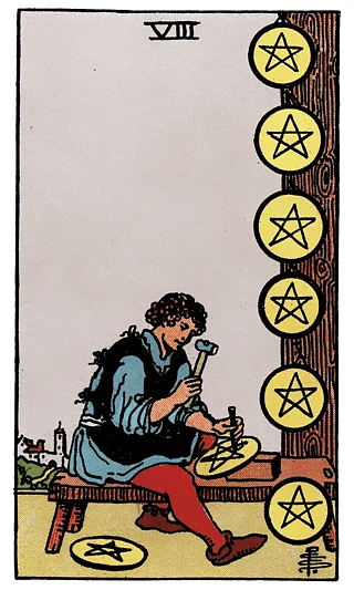 8 of Pentacles tarot card from the Rider–Waite deck, featuring a dedicated craftsman meticulously carving pentacles at a bench