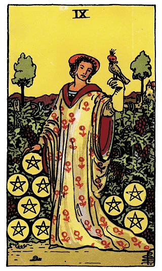 9 of Pentacles tarot card from the Rider–Waite deck, showing a refined figure in a vineyard with a falcon, symbolizing luxury and self-reliance