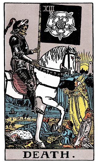 Death tarot card from the Rider–Waite deck, featuring a skeletal rider on a horse and figures kneeling around him.