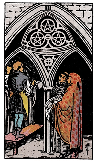 3 of Pentacles tarot card from the Rider–Waite deck, showing three figures collaborating on the construction of a cathedral