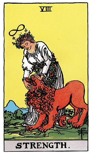 Strength tarot card from the Rider–Waite deck, depicting a woman calmly taming a lion beneath the infinity symbol