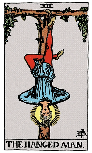 The Hanged Man tarot card from the Rider–Waite deck, showing a figure suspended upside down by one foot