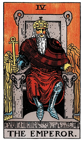 The Emperor tarot card from the Rider–Waite deck, depicting a crowned ruler seated on a throne adorned with ram heads