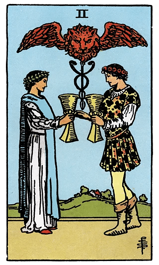 2 of Cups tarot card from the Rider–Waite deck, featuring two figures exchanging cups under a winged lion’s head