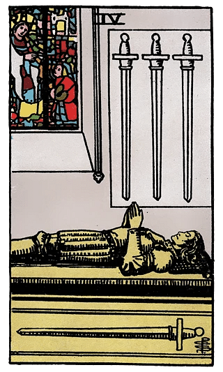 4 of Swords tarot card from the Rider–Waite deck, depicting a resting figure lying on a tomb within a church, with three swords above