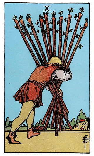 10 of Wands tarot card from the Rider–Waite deck, featuring a figure burdened with the heavy load of ten wands