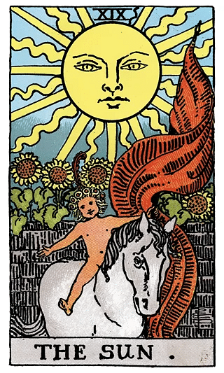 The Sun tarot card from the Rider–Waite deck, showing a joyful child on a white horse beneath a large, radiant sun
