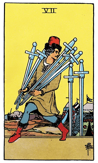 7 of Swords tarot card from the Rider–Waite deck, depicting a stealthy figure making off with five swords while leaving two behind