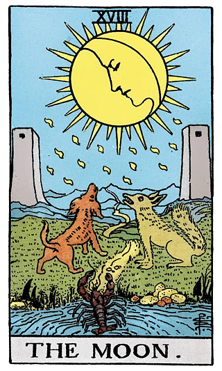 The Moon tarot card from the Rider–Waite deck, featuring two pillars, a dog and a wolf, and a crayfish emerging from water