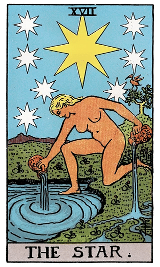 The Star tarot card from the Rider–Waite deck, showing a woman pouring water beneath a large star and smaller stars