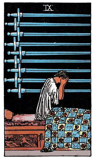 9 of Swords tarot card from the Rider–Waite deck, featuring a person waking in distress, with nine swords arranged on the wall