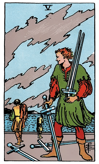 5 of Swords tarot card from the Rider–Waite deck, showing a figure gathering swords as two defeated figures walk away