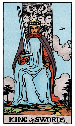 King of Swords tarot card from the Rider–Waite deck, showing an authoritative king on a throne, holding an upright sword