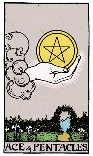 Ace of Pentacles tarot card from the Rider–Waite deck, depicting a hand emerging from a cloud presenting a large golden pentacle