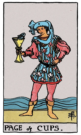 Page of Cups tarot card from the Rider–Waite deck, featuring a youthful figure surprised by a fish emerging from a cup in their hand