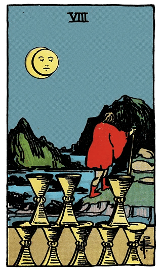 8 of Cups tarot card from the Rider–Waite deck, featuring a figure walking away from eight neatly stacked cups, seeking deeper meaning