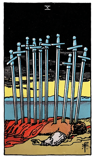 10 of Swords tarot card from the Rider–Waite deck, depicting a figure lying under a rising sun with ten swords in their back